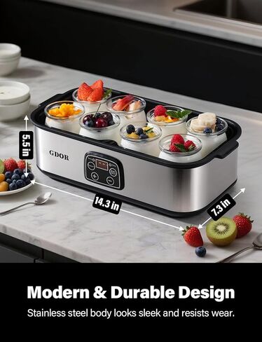Yogurt Maker Machine with Adjustable Temp & Time, 48H Timer Digital, 8×6oz BPA-Free Glass Jars for Homemade Probiotic Yogurt, Auto Shut-Off, Stainless Steel Body in Saudi Arabia