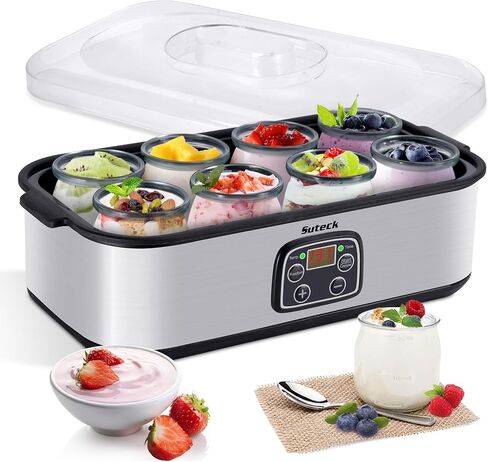 Suteck 8-Jar Yogurt Maker, Time & Temp Adjustable, Auto Shutoff, White | 48oz Total Capacity, 6oz Each | 0-48H Timer & 68-131°F | BPA-Free Glass, Dishwasher-Safe | Greek Yogurt, Cheese & More in Saudi Arabia