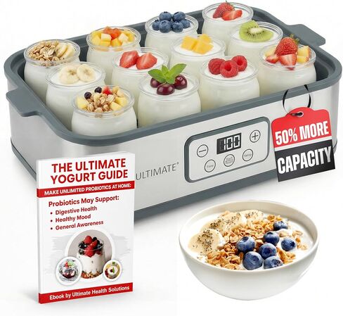 Ultimate Probiotic Yogurt Maker XL with 50% More Capacity, Adjustable Time & Temp Control, Make Trillions of Live Probiotics at Home to Support Gut Health, UNLIMITED LIFETIME WARRANTY (12-Jar Model) in Kuwait