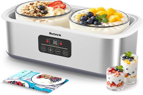 Suteck Yogurt Maker with Glass Jars, 2 Quart, Time 0-48H & Temp 68-131°F | BPA-Free, Dishwasher-Safe | ±1°C Precision, Auto Shutoff | 25W, Stainless Steel | DIY Cheese & Probiotic in Saudi Arabia