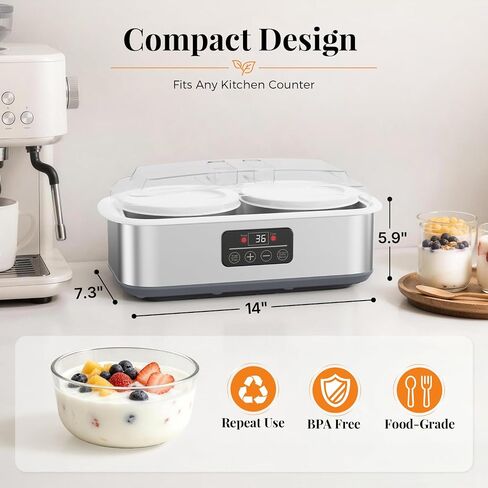 Suteck Yogurt Maker with Glass Jars, 2 Quart, Time 0-48H & Temp 68-131°F | BPA-Free, Dishwasher-Safe | ±1°C Precision, Auto Shutoff | 25W, Stainless Steel | DIY Cheese & Probiotic in Saudi Arabia