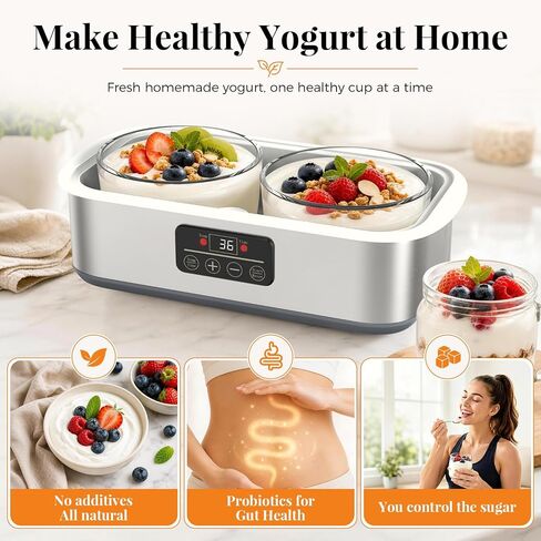 Suteck Yogurt Maker with Glass Jars, 2 Quart, Time 0-48H & Temp 68-131°F | BPA-Free, Dishwasher-Safe | ±1°C Precision, Auto Shutoff | 25W, Stainless Steel | DIY Cheese & Probiotic in Saudi Arabia