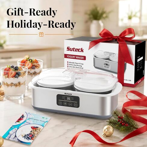 Suteck Yogurt Maker with Glass Jars, 2 Quart, Time 0-48H & Temp 68-131°F | BPA-Free, Dishwasher-Safe | ±1°C Precision, Auto Shutoff | 25W, Stainless Steel | DIY Cheese & Probiotic in Saudi Arabia
