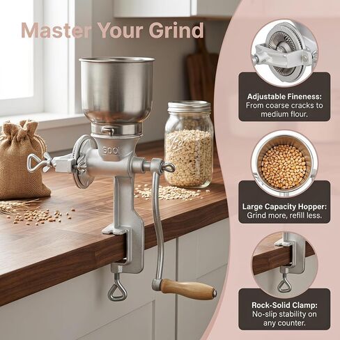 Manual Grain Mill, 7.5lb Cast Iron Flour Mill Grinder (Silver） | Trygoal Manual Grain Mill, 7.5lb Hand Crank Manual Grinder, Cast Iron Flour Mill Grinder for Home & Kitchen Use (Silver) in Saudi Arabia