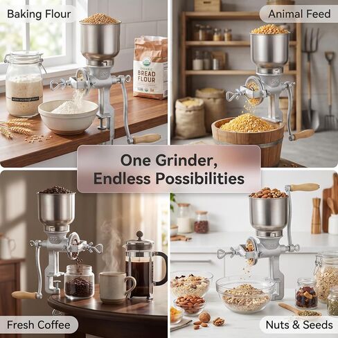 Manual Grain Mill, 7.5lb Cast Iron Flour Mill Grinder (Silver） | Trygoal Manual Grain Mill, 7.5lb Hand Crank Manual Grinder, Cast Iron Flour Mill Grinder for Home & Kitchen Use (Silver) in Saudi Arabia