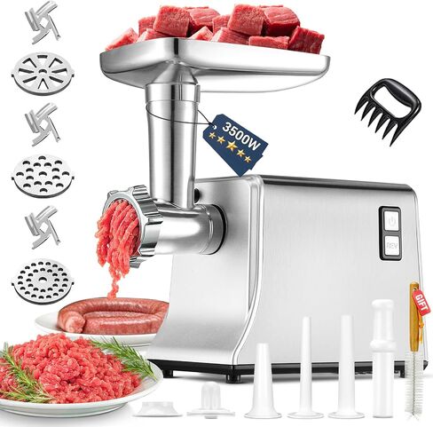 Electric Meat Grinder,Quick Make Kubbe,Sausage for Home Use(Gray) | 【3500W Super Motor】【3 Sets 304 Stainless Steel Blade&Plate】Meat Grinders for Home Use with Kubbe Kit,3 Sets Sausage Tubes in Saudi Arabia