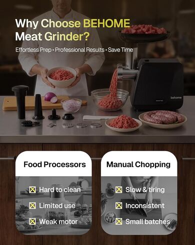 Behome Electric Meat Grinder for Home, Sausage Stuffer and Kubbe Maker | 2800W MAX Grinds up to 2.2 lb/min with reverse control, 3 grinding plates, sausage tube and kubbe attachment for home use in Saudi Arabia