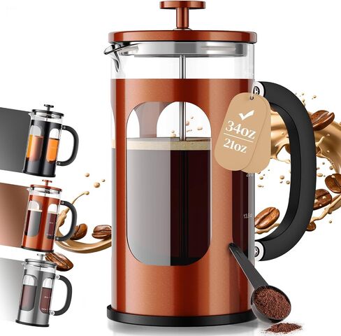 Veken French Press Coffee Maker, No Plastic Touching Cafe,34oz 1 L Cafetera | Thickened Glass Stainless Steel Brewer, Cold Brew Pot for Kitchen,Travel,Camping,Tea,Gifts,Bar Accessories, Decor,Dark Pewter in Saudi Arabia