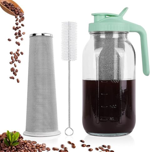 Cold Brew Coffee Maker, 64 oz Mason Jar Pitcher with Stainless Steel Filter, Pour Spout Handle Lid, Airtight & Leak-Proof for Iced Coffee,Tea & Lemonade in Saudi Arabia