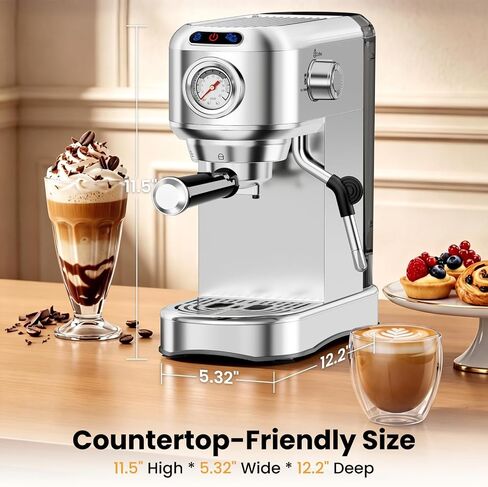 Espresso Machine 20 Bar, Compact Espresso Coffee Machine with Milk Frother, Stainless Steel Coffee Maker with 34oz Removable Water Tank, Cappuccino Machine for Home, Office, Latte (Silver) in Saudi Arabia