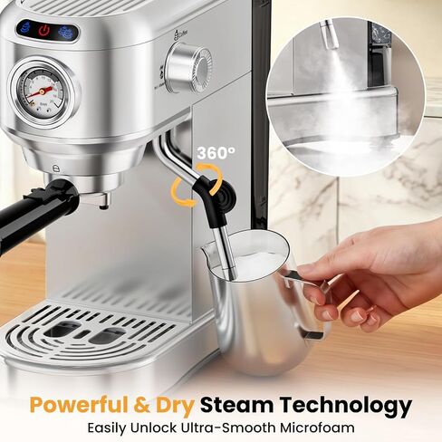 Espresso Machine 20 Bar, Compact Espresso Coffee Machine with Milk Frother, Stainless Steel Coffee Maker with 34oz Removable Water Tank, Cappuccino Machine for Home, Office, Latte (Silver) in Saudi Arabia