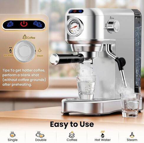 Espresso Machine 20 Bar, Compact Espresso Coffee Machine with Milk Frother, Stainless Steel Coffee Maker with 34oz Removable Water Tank, Cappuccino Machine for Home, Office, Latte (Silver) in Saudi Arabia