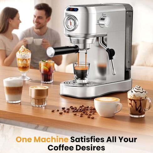 Espresso Machine 20 Bar, Compact Espresso Coffee Machine with Milk Frother, Stainless Steel Coffee Maker with 34oz Removable Water Tank, Cappuccino Machine for Home, Office, Latte (Silver) in Saudi Arabia