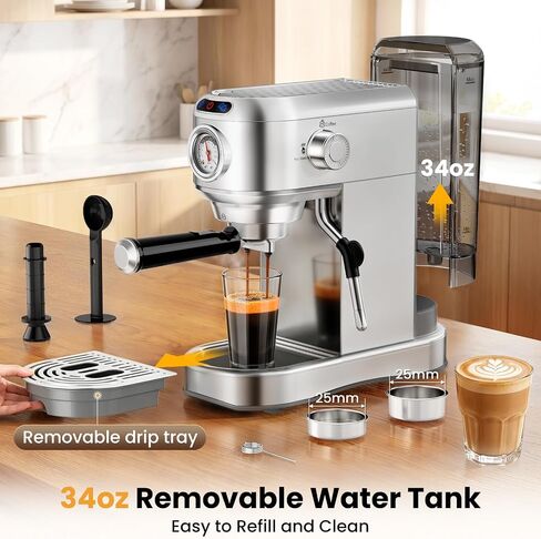 Espresso Machine 20 Bar, Compact Espresso Coffee Machine with Milk Frother, Stainless Steel Coffee Maker with 34oz Removable Water Tank, Cappuccino Machine for Home, Office, Latte (Silver) in Saudi Arabia