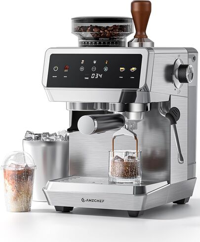 AMZCHEF Espresso Machine With Grinder, Temp Control, 44 Grind Settings | Hot & Cold Brew, Cappuccinos & Lattes, Built-in Grinder, Milk Frother, Touch Screen, Easy to Clean, Compact Design, Silver in Saudi Arabia