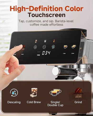 AMZCHEF Espresso Machine With Grinder, Temp Control, 44 Grind Settings | Hot & Cold Brew, Cappuccinos & Lattes, Built-in Grinder, Milk Frother, Touch Screen, Easy to Clean, Compact Design, Silver in Saudi Arabia