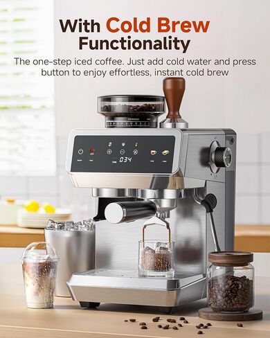 AMZCHEF Espresso Machine With Grinder, Temp Control, 44 Grind Settings | Hot & Cold Brew, Cappuccinos & Lattes, Built-in Grinder, Milk Frother, Touch Screen, Easy to Clean, Compact Design, Silver in Saudi Arabia