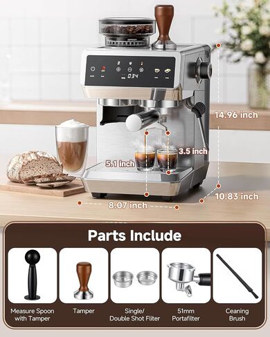AMZCHEF Espresso Machine With Grinder, Temp Control, 44 Grind Settings | Hot & Cold Brew, Cappuccinos & Lattes, Built-in Grinder, Milk Frother, Touch Screen, Easy to Clean, Compact Design, Silver in Saudi Arabia