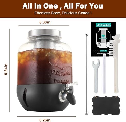 Cold Brew Coffee Maker, 1 Gallon Iced Coffee Maker With Stainless Steel Filter, Heavy Duty Glass Cold Brew Pitcher With Stainless Steel Spigot, Mason Jar Cold Brew Coffee Maker Fast Iced Tea Maker in Kuwait