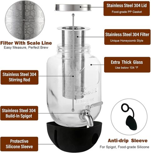 Cold Brew Coffee Maker, 1 Gallon Iced Coffee Maker With Stainless Steel Filter, Heavy Duty Glass Cold Brew Pitcher With Stainless Steel Spigot, Mason Jar Cold Brew Coffee Maker Fast Iced Tea Maker in Kuwait