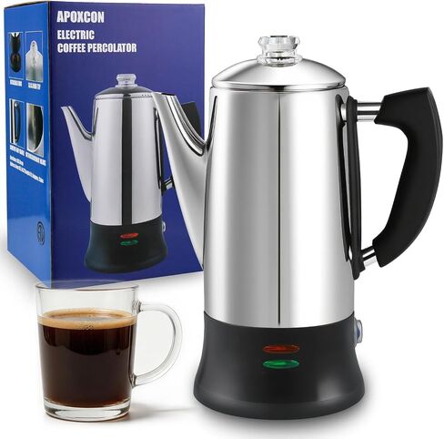 APOXCON Electric Coffee Percolator Stainless Steel Coffee Maker with Clear Brew Progress Tough Glass Knob, Keep Warm & Cordless Serve Classic Coffee Pot - No Aluminum No Plastic Contact (12 Cup) in Saudi Arabia