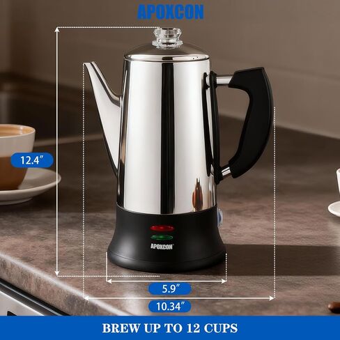 APOXCON Electric Coffee Percolator Stainless Steel Coffee Maker with Clear Brew Progress Tough Glass Knob, Keep Warm & Cordless Serve Classic Coffee Pot - No Aluminum No Plastic Contact (12 Cup) in Saudi Arabia