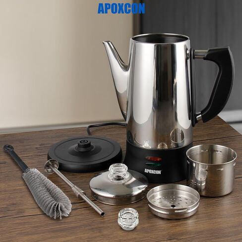 APOXCON Electric Coffee Percolator Stainless Steel Coffee Maker with Clear Brew Progress Tough Glass Knob, Keep Warm & Cordless Serve Classic Coffee Pot - No Aluminum No Plastic Contact (12 Cup) in Saudi Arabia