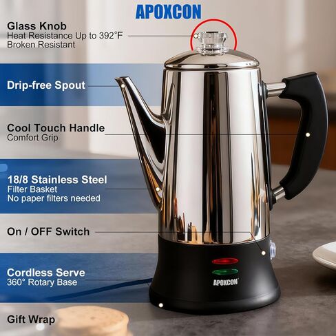 APOXCON Electric Coffee Percolator Stainless Steel Coffee Maker with Clear Brew Progress Tough Glass Knob, Keep Warm & Cordless Serve Classic Coffee Pot - No Aluminum No Plastic Contact (12 Cup) in Saudi Arabia