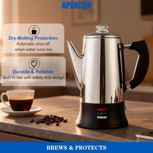 APOXCON Electric Coffee Percolator Stainless Steel Coffee Maker with Clear Brew Progress Tough Glass Knob, Keep Warm & Cordless Serve Classic Coffee Pot - No Aluminum No Plastic Contact (12 Cup) in Saudi Arabia