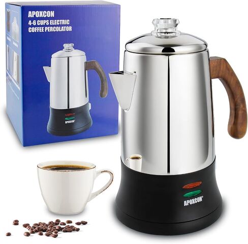 APOXCON Electric Coffee Percolator Stainless Steel Coffee Pot with Two Tough Glass Clear Brew Progress Knob & Treated Solid Wood Handle & On/OFF Switch Auto Keep Warm Cordless Serve (8 Cup) in Saudi Arabia