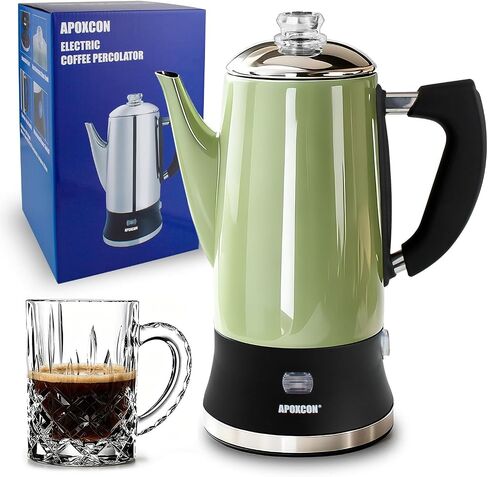 APOXCON Electric Coffee Percolator Stainless Steel Coffee Maker with Clear Brew Progress Tough Glass Knob and On/OFF Switch Classic Coffee Pot with Keep Warm & Cordless Serve No Aluminum (12 Cup) in Saudi Arabia