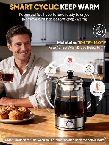 Horavie 8-Cup Electric Percolator Coffee Maker – Borosilicate Glass Carafe, Stainless Steel Filter, Auto or Manual Brew, Manual Keep Warm, Black in Saudi Arabia