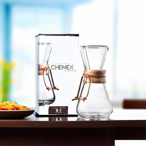 Chemex Pour-Over Glass Coffeemaker - Classic Series - 3-Cup - Exclusive Packaging | Manual Drip Coffee Brewer, Non-Porous Borosilicate Glass, Uses FP-2 Filters, Sediment-Free in Kuwait