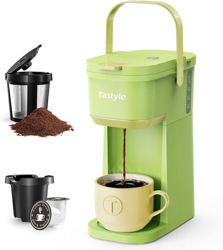 Tastyle Mini Single Serve Coffee Maker for K Cups and Grounds with Handle | for Travel, Camping, Office, RV and Dorm, Portable Handle, 120V, 6 to 12 Oz Brew Size, BPA Free, K302, Black and Gold in Saudi Arabia