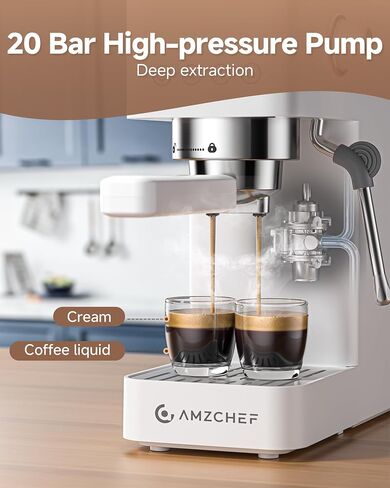 AMZCHEF Compact Espresso Machine 20 Bar, Americano, Latte & Cappuccino | Easy One-Touch Brewing, 30s Heat-Up, Stable PID Control, Easy Milk Frothing, Compact Design, 50oz Tank, White in Kuwait