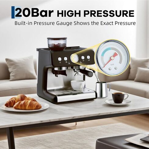 20 Bar Espresso Machine with Grinder & Steam Wand, Stainless Coffee Maker | 20 Bar Pressure; 2.8L Removable Tank; Conical Burr Grinder; Milk Steam Wand; Intelligent Temp Control; Home/Office Use. in Saudi Arabia