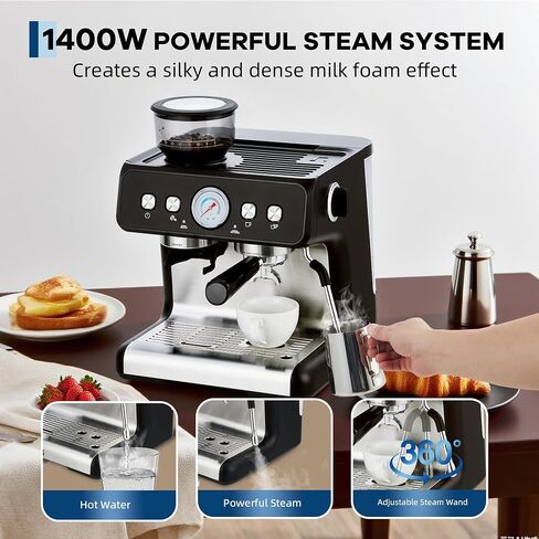 20 Bar Espresso Machine with Grinder & Steam Wand, Stainless Coffee Maker | 20 Bar Pressure; 2.8L Removable Tank; Conical Burr Grinder; Milk Steam Wand; Intelligent Temp Control; Home/Office Use. in Saudi Arabia