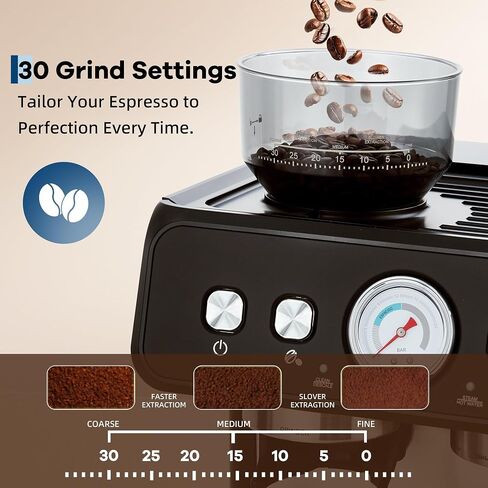 20 Bar Espresso Machine with Grinder & Steam Wand, Stainless Coffee Maker | 20 Bar Pressure; 2.8L Removable Tank; Conical Burr Grinder; Milk Steam Wand; Intelligent Temp Control; Home/Office Use. in Saudi Arabia