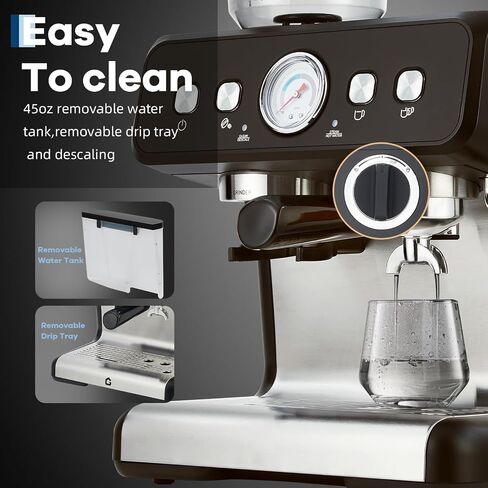 20 Bar Espresso Machine with Grinder & Steam Wand, Stainless Coffee Maker | 20 Bar Pressure; 2.8L Removable Tank; Conical Burr Grinder; Milk Steam Wand; Intelligent Temp Control; Home/Office Use. in Saudi Arabia