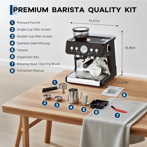 20 Bar Espresso Machine with Grinder & Steam Wand, Stainless Coffee Maker | 20 Bar Pressure; 2.8L Removable Tank; Conical Burr Grinder; Milk Steam Wand; Intelligent Temp Control; Home/Office Use. in Saudi Arabia