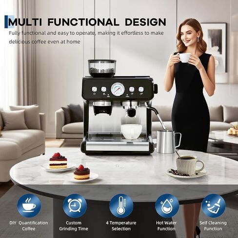 20 Bar Espresso Machine with Grinder & Steam Wand, Stainless Coffee Maker | 20 Bar Pressure; 2.8L Removable Tank; Conical Burr Grinder; Milk Steam Wand; Intelligent Temp Control; Home/Office Use. in Saudi Arabia