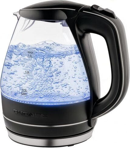 OVENTE 1.5L Glass Electric Kettle Water Boiler, White KG83W | 1100W Fast Boiling, Borosilicate Glass, BPA-Free, Blue LED, Auto Shut-Off, Boil-Dry Protection, Removable Filter, 360° Base in Saudi Arabia