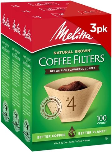 Melitta #4 Unbleached Coffee Filters, Premium, Natural Brown, Flavor Enhancing Coffee Filters for 8-12 Cup Coffee Makers, Kosher Certified, Compostable, 100 Count (Pack of 3) in Kuwait