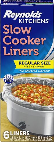 Reynolds Kitchens Slow Cooker Liners, Regular Size, Fits 3-8 Quarts, 6ct | Fits 3-8 Qt Round and Oval Slow Cookers, No-Scrub Cleanup, Food-Safe Nylon Blend Material, Heat-Resistant To 400F, BPA-Free in Kuwait
