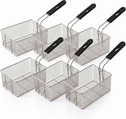 6-Pack | Commercial Fryer Basket 12 7/8" x 6 1/2" x 5 3/8" with Front Hook, Nickel-Plated Steel Mesh Fry Basket with Black PVC Cool-Touch Handle for Cafes, Food Trucks, Kitchens, Restaurants in Kuwait