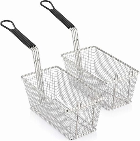 [2 Pack] 13 1/4" x 5 5/8" x 5 5/8" Fryer Basket with Front Hook, Nickel-Plated Steel Mesh Basket with Cool-Touch PVC Handle for Countertop Fryers, Restaurants, Food Trucks, and Commercial Kitchens in Kuwait