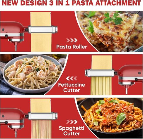GVODE 3-in-1 Pasta Attachment for KitchenAid Stand Mixers, Roller & Cutter | All-Metal 3-in-1 Pasta Roller and Cutter Set with Spaghetti and Fettuccine Cutters, 8 Thickness Settings and Cleaning Brush in Kuwait