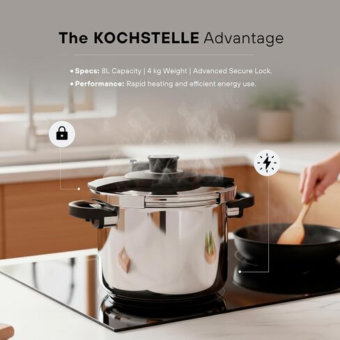 KOCHSTELLE Pressure Cooker Stainless Steel 8L for Home & Meal Prep | Pressure Cooker 8 qt with Advance Secure Lock System Lid, Ergonomic Handles, Pressure Pot | Compatible with Gas & Induction Stoves in Saudi Arabia