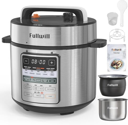 Fullwill 6QT 12-in-1 Pressure Cooker with Dual Pots | 304 stainless steel and ceramic nonstick inserts, 1000W power, dishwasher-safe cleanup, easy steam release, family meal prep in Kuwait
