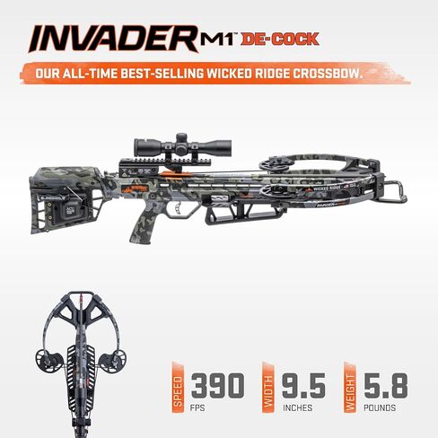 Wicked Ridge Invader M1 De-Cock Crossbow, Peak Camo - 390 FPS - Equipped with Pro-View 400 Scope, ACUdraw 50 SLED De-Cock (Manual System) + D1 Trigger | 400 Scope, D1 Trigger, 390 FPS in Saudi Arabia